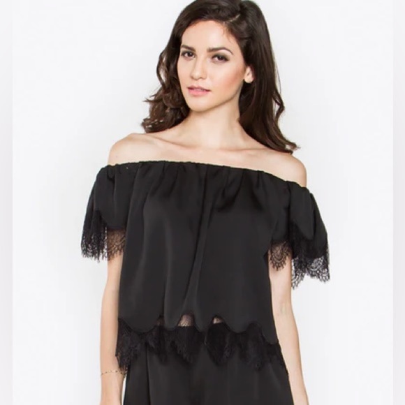Jonesy Tops - Jonesy Classic Black Off-Shoulder Satin and Lace Women’s Blouse XS